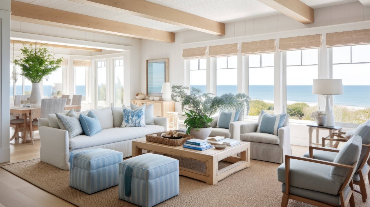 Coastal living room with natural wood accents near Anaheim, California (CA)