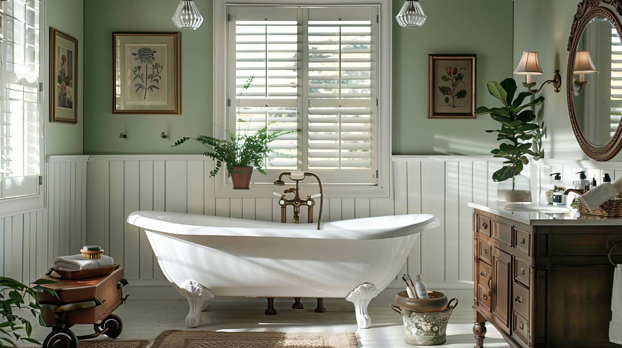 Window shutters covering a mid-century modern bathroom near Anaheim, CA
