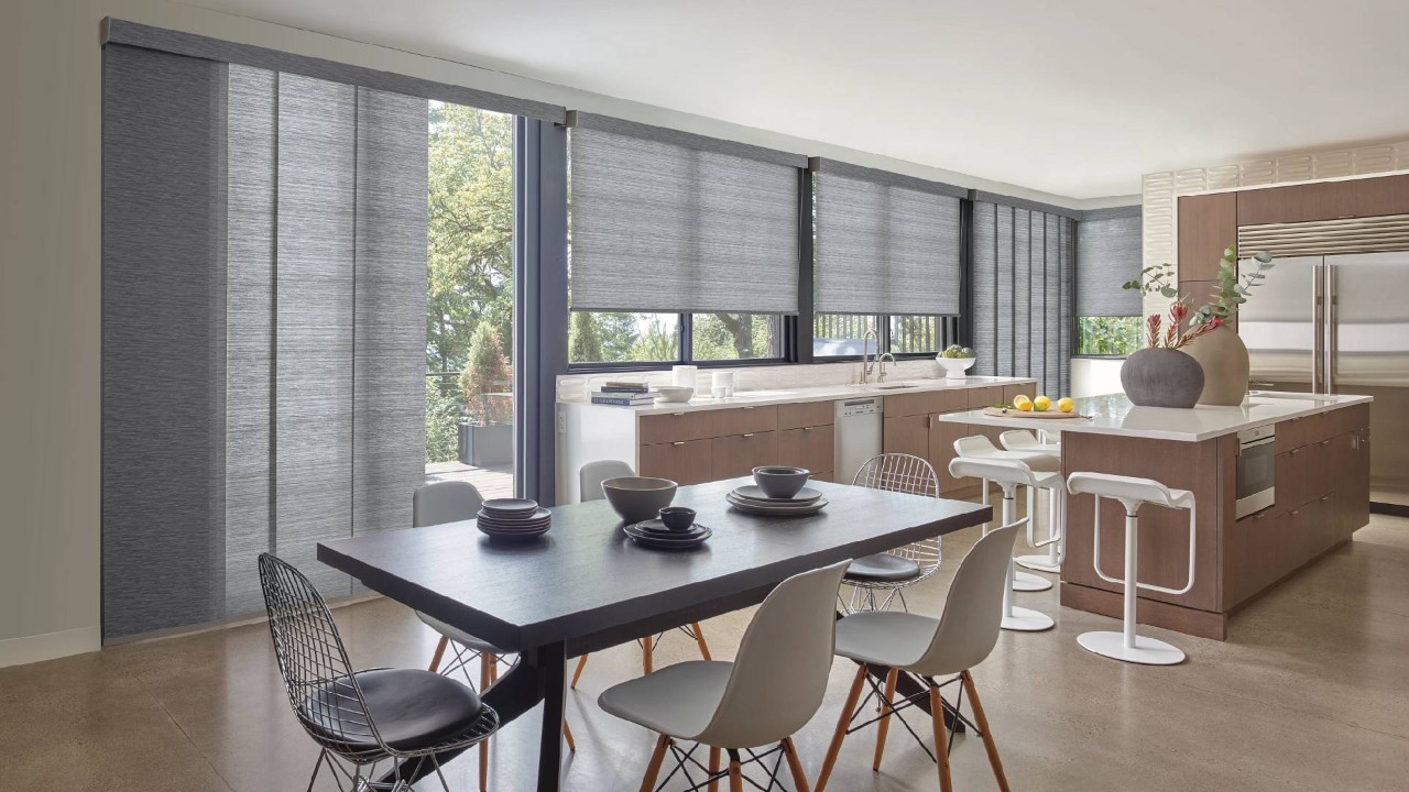 Hunter Douglas modern vertical blinds in a kitchen near Anaheim, CA