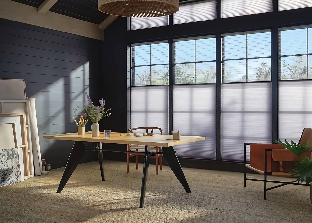 Hunter Douglas Duette® Cellular Shades in a home office near Anaheim, CA