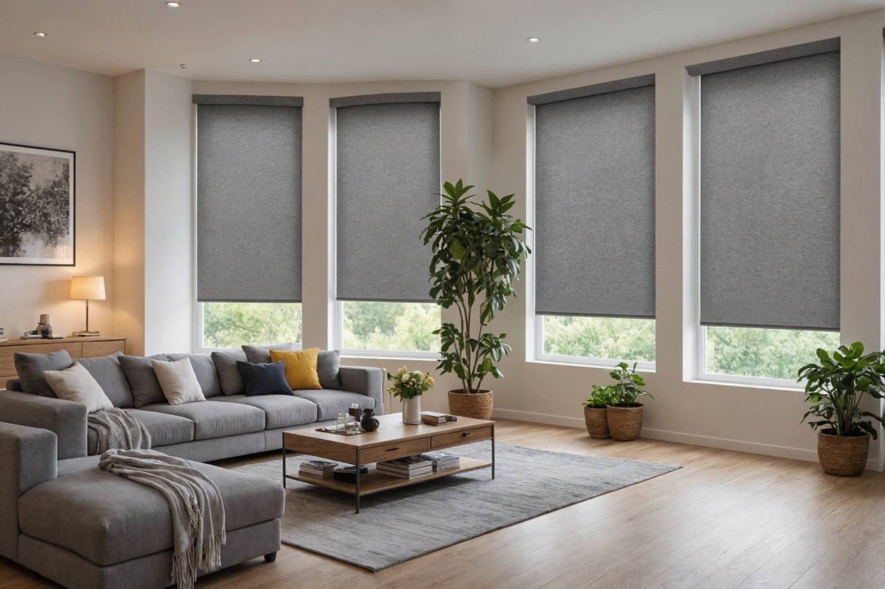 Chic living room featuring modern roller shades near Anaheim, CA.