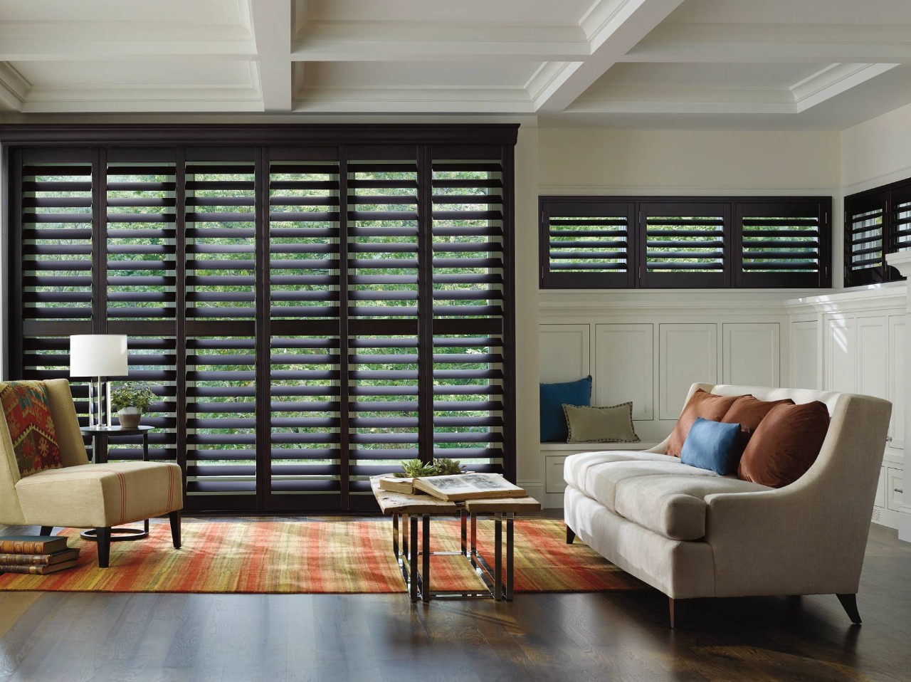Wooden window shutters in a traditional living room near Anaheim, CA