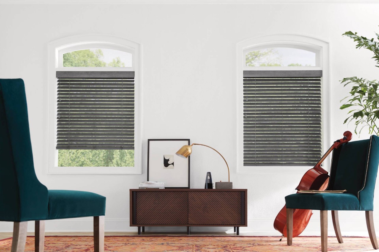 A living room featuring Hunter Douglas Parkland® Wood Blinds near Anaheim, California