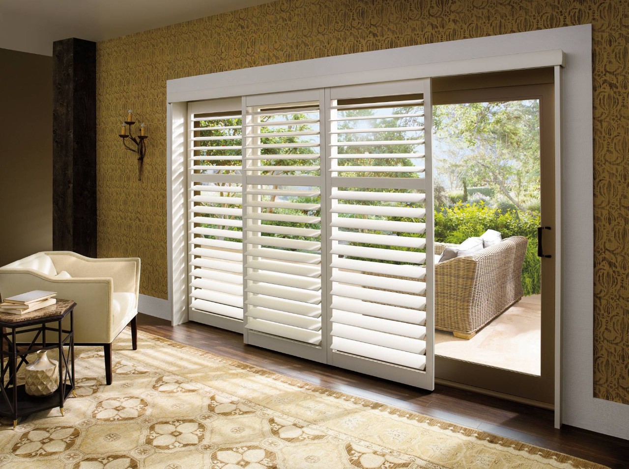 Hunter Douglas shutters on a patio door in a home near Anaheim, CA