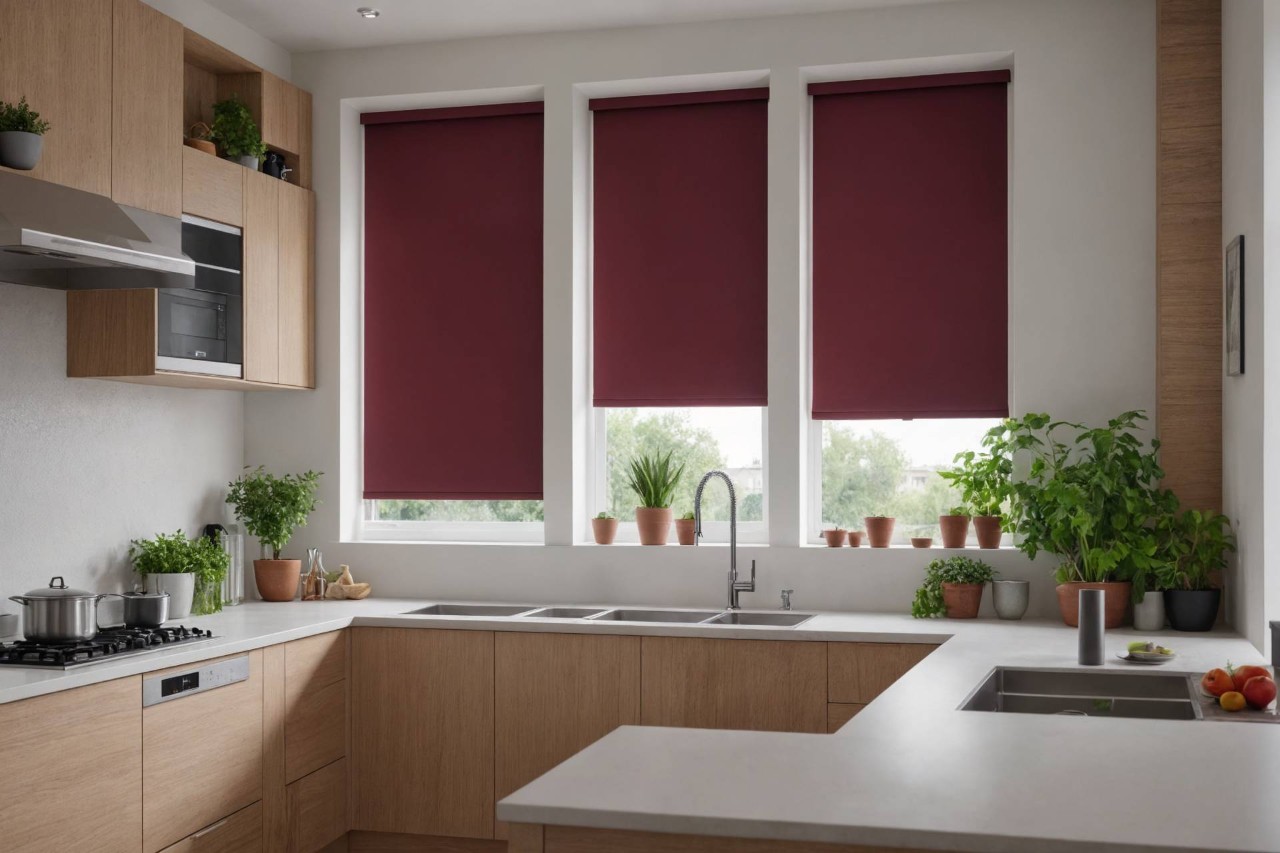 Red kitchen roller shades in a modern kitchen at Don's Drapery Service near Anaheim, CA