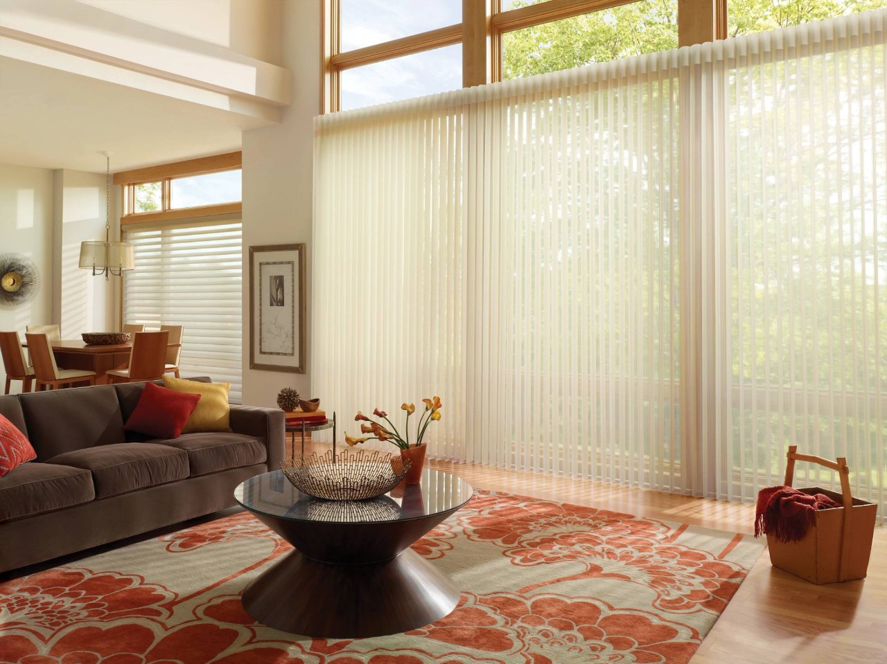 Sheer window shades covering a large living room window at Don's Drapery Service near Anaheim, CA